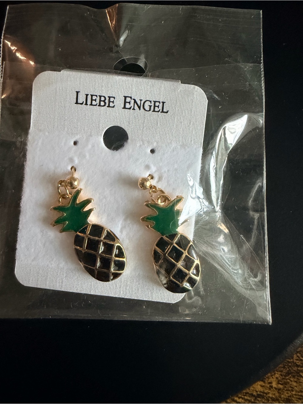 Gold and Black Pineapple Drop Earrings with Green Tops